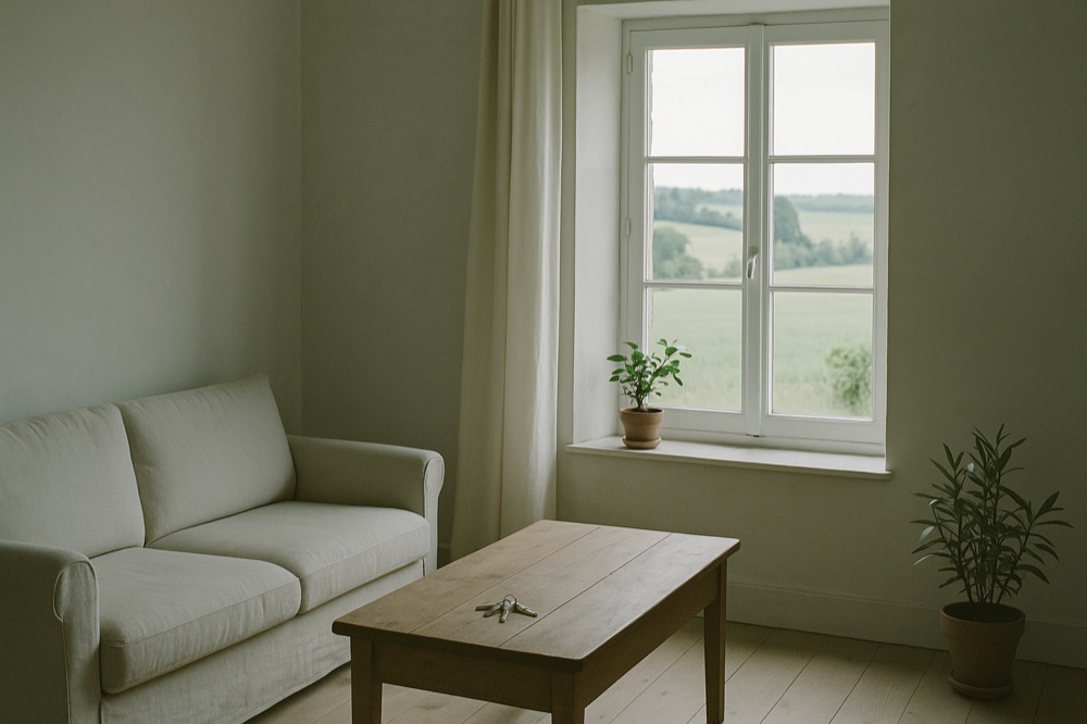 Salon chaleureux d'un appartement meublé, prêt à louer